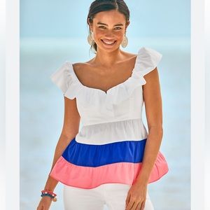 Lilly Pulitzer Elmie ruffle top resort white borealis blue